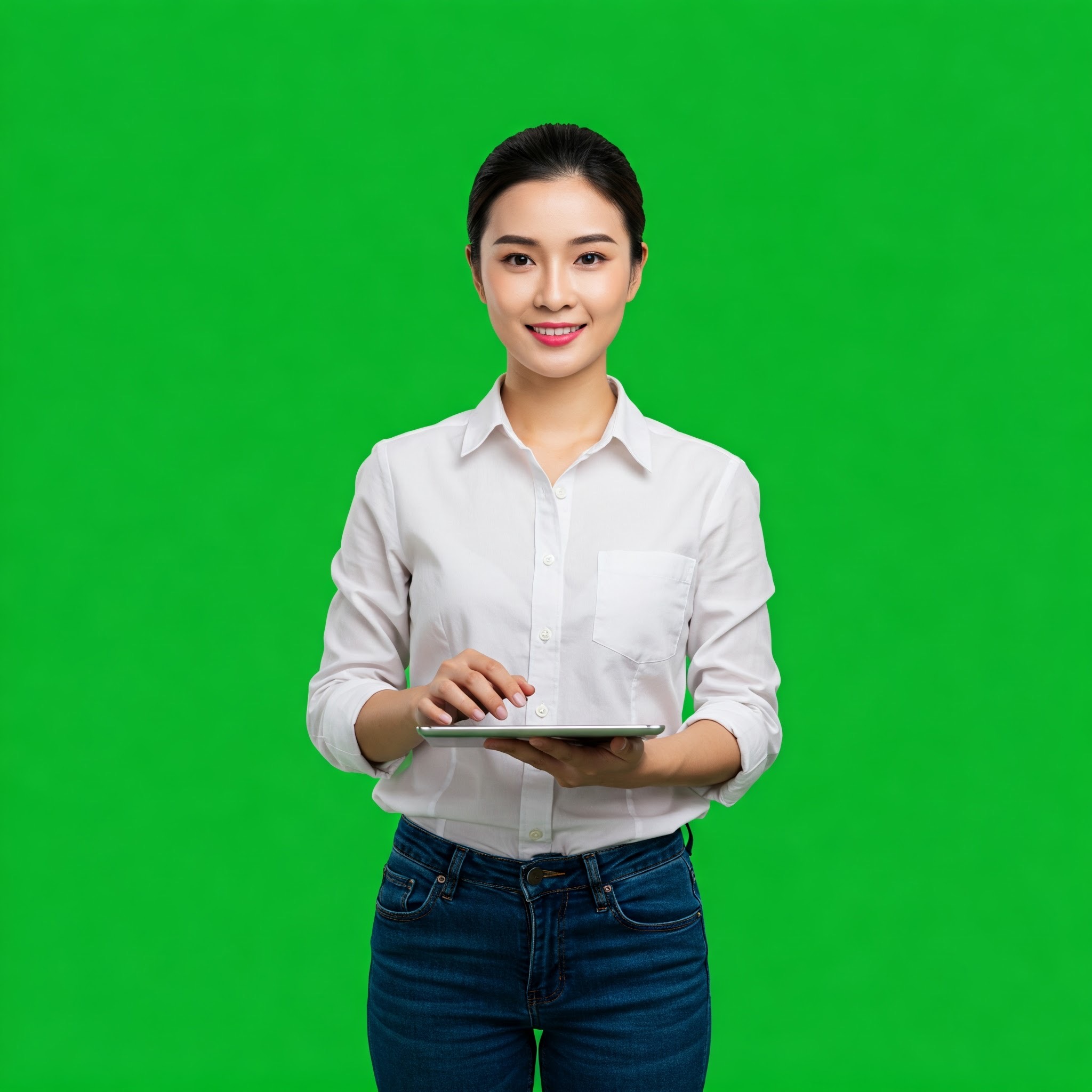 photo of Smiling Woman Using Tablet on Green Screen